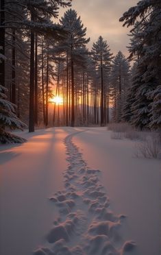 the sun is setting in the distance behind some trees and footprints on snow covered ground