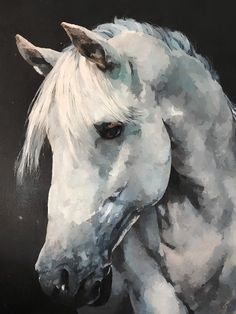 a painting of a white horse on a black background with the head turned to the side