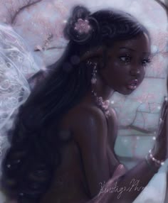 a painting of a woman with long hair and an angel wings on her head, holding a phone