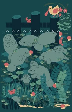 an image of elephants in the water with plants and birds around them on a green background