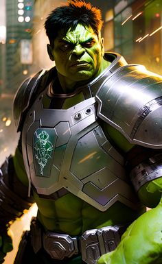 the incredible hulk man in avengers 3, with his armor and green hair is shown