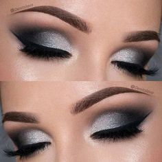Smokey Eye Makeup Silver, Prom Makeup Black And Silver, Black And Silver Smokey Eye, Prom Makeup For Black And Silver Dress, Make Up For Black And Silver Dress, Black Silver Smokey Eye, Black And Silver Homecoming Makeup, Silver Grey Smokey Eye Makeup, Silver Black Smokey Eye Makeup