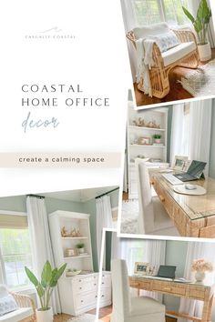 a collage of photos showing the interior of a home office with furniture and decor