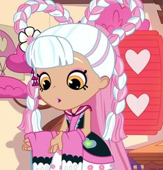a cartoon girl with pink hair and big eyes holding a bag in her hand while looking at the camera