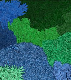 an abstract painting of blue and green plants