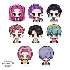 some cute little anime characters with different hair styles and colors, all wearing black glasses