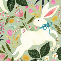 a painting of a white rabbit surrounded by flowers and butterflies on a light green background