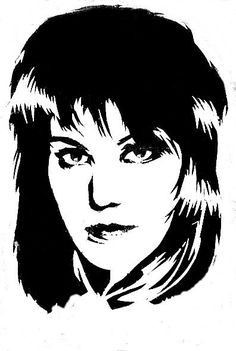 a black and white drawing of a woman's face with bangs on her head