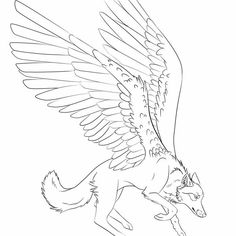 a drawing of an animal with wings flying in the air and looking down at it's head