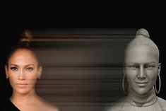 two women are standing next to each other in front of a black and white background