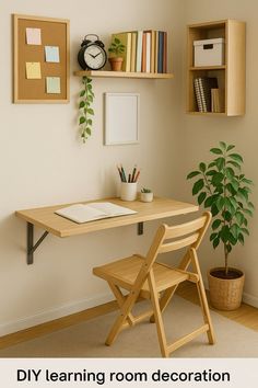 a wooden desk sitting next to a book shelf filled with books and a potted plant