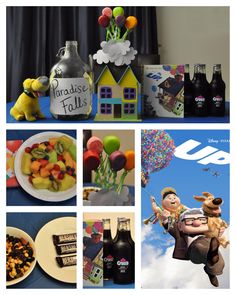 there are many different pictures with food and drinks on the same table, including balloons