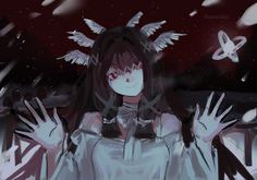a girl with wings on her head is standing in the snow, surrounded by birds