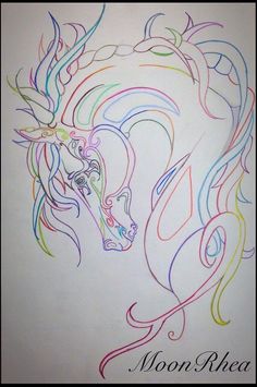 a drawing of a horse with colored lines on it's face and the words moon palace written below