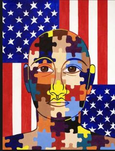a painting of a man's face with the american flag in the back ground