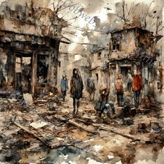 an artistic painting of people walking through a destroyed area with buildings and debris in the foreground