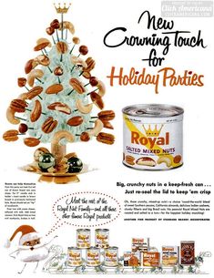 an advertisement for royal almonds with a christmas tree in the middle and other items around it