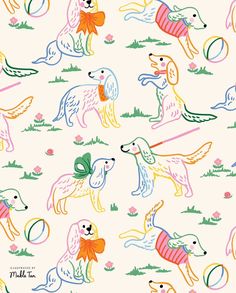 an image of dogs playing with balls and tennis rackets on a white background in pastel colors
