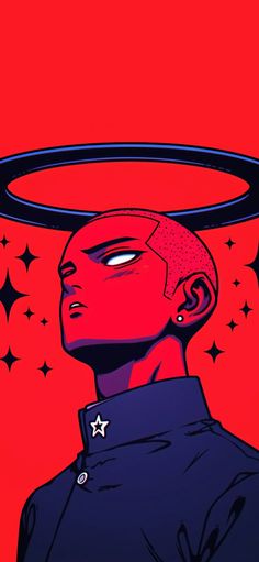 an illustration of a man with a halo on his head and stars in the background