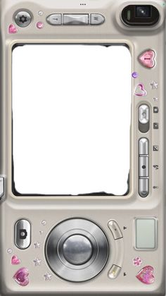 an old camera with lots of stickers on it's front and back sides