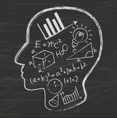 a chalk drawing of a human head with numbers and symbols on the blackboard background