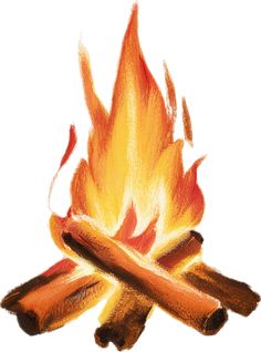 a drawing of a campfire with two hot dogs on it's side and three sticks sticking out of the fire