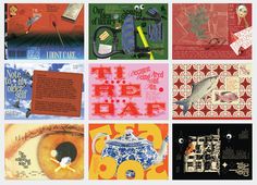 an assortment of posters with different types of artwork on them, including eyeballs and books