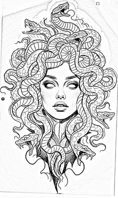 a drawing of a woman with snakes on her head