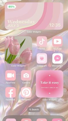 an iphone screen with pink flowers and other things on it, including the text'take it easy '
