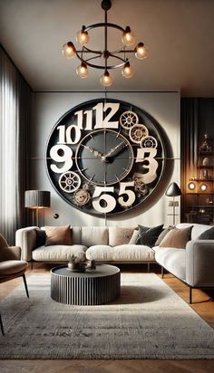 a living room with a large clock on the wall