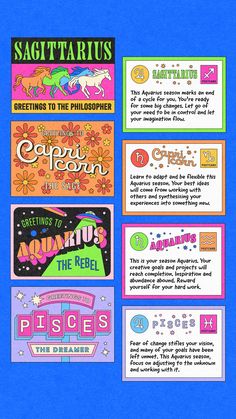 Illustrated postcards of Creative Horoscopes created by Berlin Michelle. The zodiacs featured are Sagittarius, Capricorn, Aquarius, and Pisces
