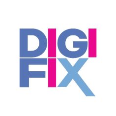 the dig fix logo is shown in blue, pink and purple letters on a white background