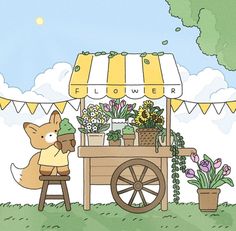 a fox sitting on a stool in front of a flower stand with flowers and potted plants
