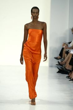 Chic Orange Silk Dress, Orange Silk Spring Dress, Ralph Lauren Spring 2000, Spring Evening Orange Slip Dress, Ralph Lauren Ss 2003, Luxury Orange Strapless Dress, Ralph Lauren Ss 2005, Orange Dress Oscars, Orange Runway