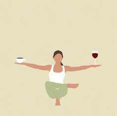 a woman is doing yoga with a glass of wine