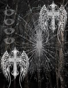an image of the cross and two wings in front of a cracked glass window with black background
