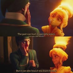 an animated scene with two people talking to each other, and one is holding his head in