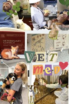 the collage has many different pictures of people and animals in them, including dogs
