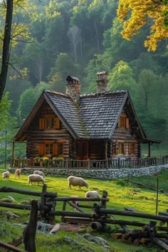 sheep graze in front of a rustic log cabin