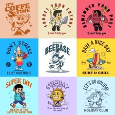 six different t - shirts with cartoon characters on them