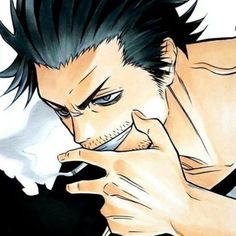 an anime character with black hair holding a cell phone to his ear and looking at the camera