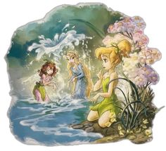 the little mermaids are playing in the water with their friend, and one girl is watching