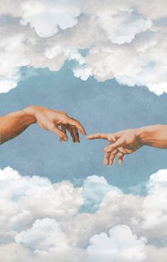 two hands reaching out to touch each other in the sky with white clouds behind them