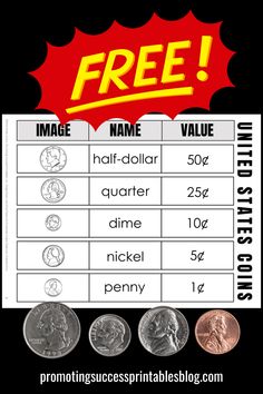 the free printable coin value chart for kids