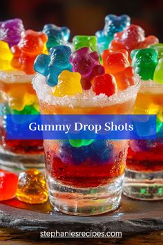 gummy bear shots in small glasses with the words gummy drop shots on top