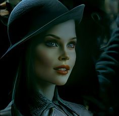 a close up of a mannequin wearing a black hat and dress shirt with red lips
