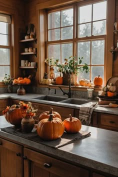 some pumpkins are sitting on a kitchen counter top in front of the sink and windows