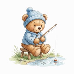 a brown teddy bear sitting on top of a wooden bench next to a pond holding a fishing pole