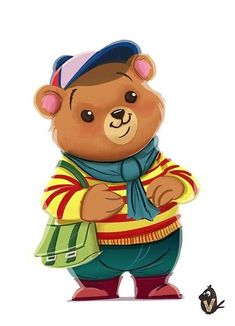 a brown teddy bear standing next to a small black mouse on a white background and wearing a blue hat