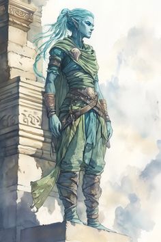 a painting of a man with blue hair standing on a ledge next to a building